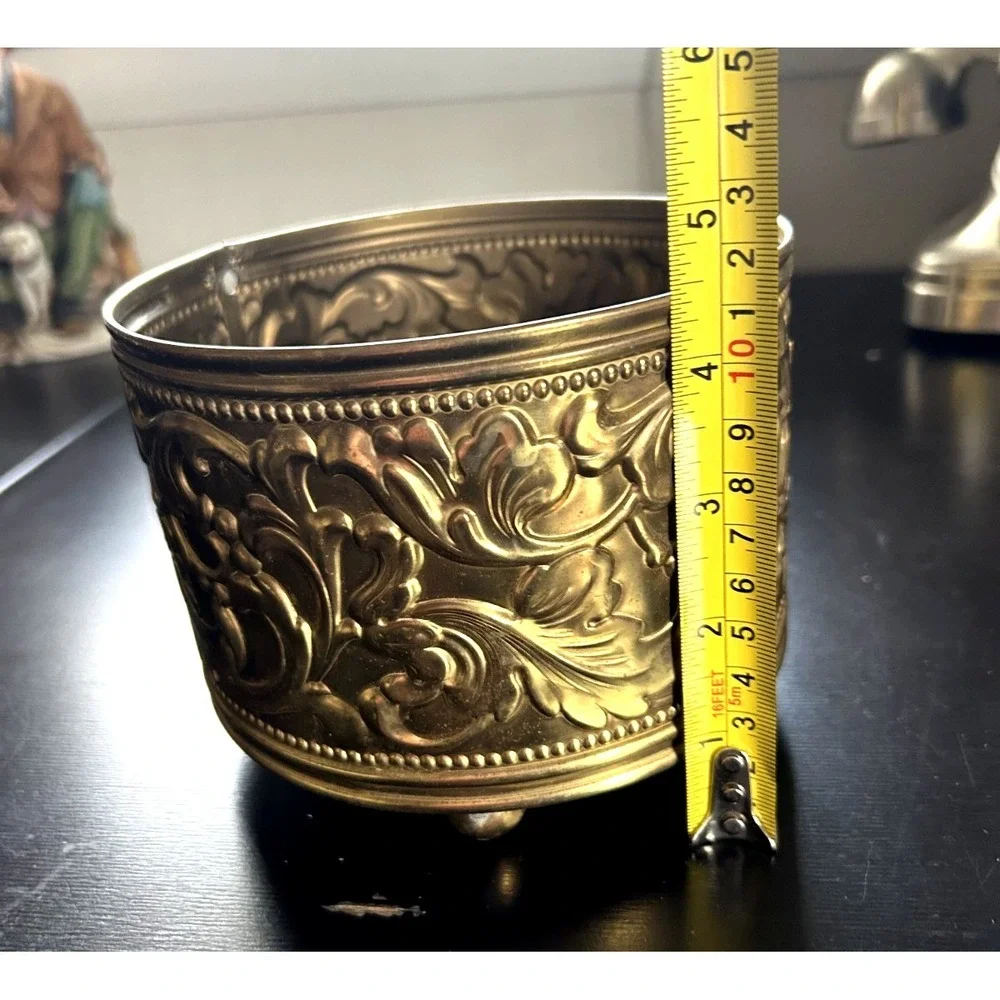 Vintage Ornate Brass Footed Planter Embossed Floral Cachepot 5.5